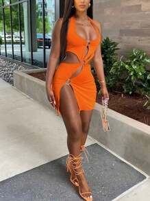 SHEIN Đầm ôm body hở lưng cổ chữ V sâu màu trơn cho nữ, mùa hè - trái cam - Xem 3