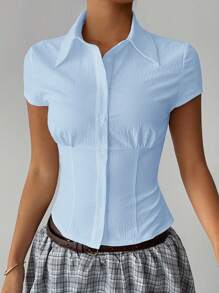 Aloruh 女士优雅简约纯色泡泡袖系腰褶皱衬衫，适合通勤、日常穿着、办公室 - 淺藍色 - 查看 7