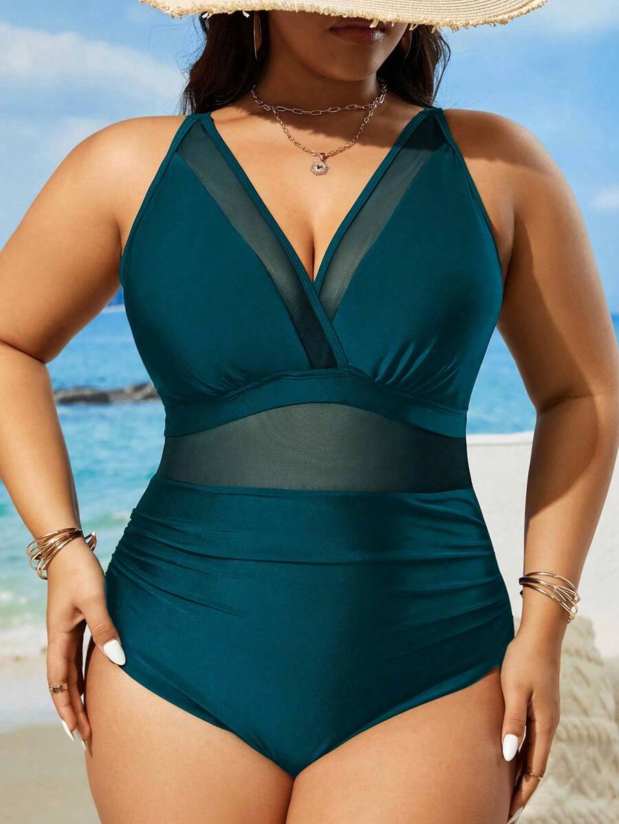 SHEIN Swim Curve Summer Plus Size Women 1PC Solid Color V-Neck Mesh Patchwork Sexy Elegant One-Piece Swimsuit, Leisure Vacation