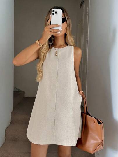 Easowa Women's Casual Linen Sleeveless A-Line Dress With Quilted Pockets, Elegant Vacation Outfit Vacation Outfits Woman Old Money Style