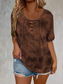 Plus Tie Dye Lace Up Front Tee Graphic Tees Women Tops - Multicolor - View 3