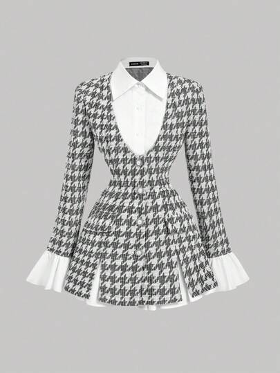 SHEIN MOD Plus Size Women's 2 In 1 Waist-Cinching Long Sleeve Flounced Houndstooth Blazer Dress, New Years Women, Business Casual Woman, Office Wear Women, Elegant, College Students