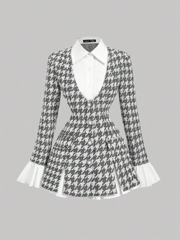 SHEIN MOD Women's 2 In 1 Black Waist-Cinching Long Sleeve Flounced Lightweight Blazer , Business Casual, Office Wear , Elegant, College Students