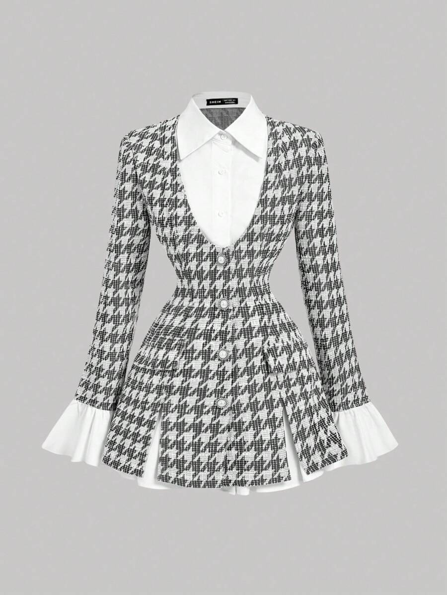 SHEIN MOD Đầm blazer dài tay bồng họa tiết răng cưa 2 trong 1 dành cho nữ cỡ lớn, thích hợp cho dịp năm mới, công sở, thanh lịch, sinh viên đại học. - Đen và trắng - Xem 1