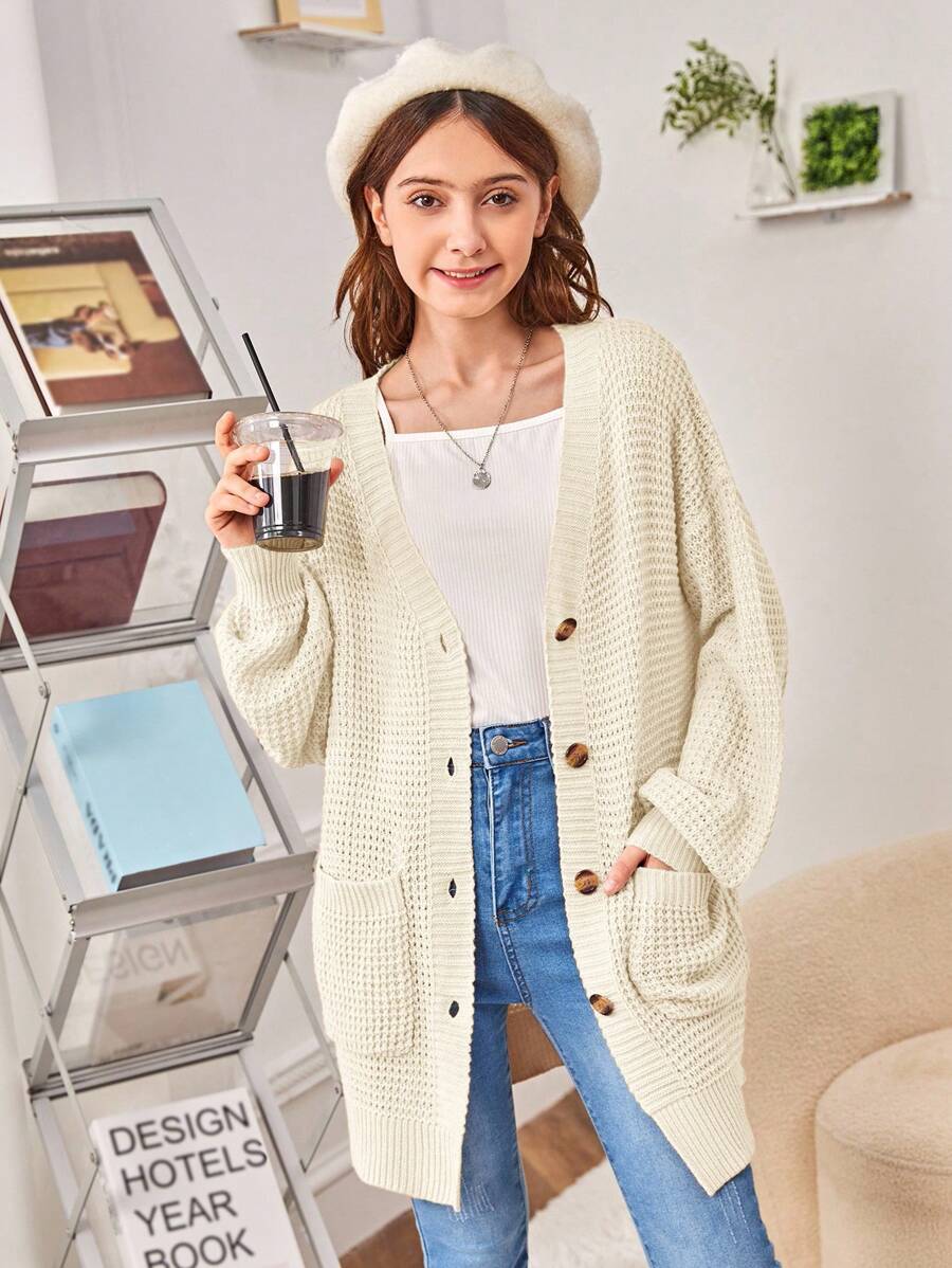 SHEIN Girls' Long Sleeve Oversized V-Neck Knitted Cardigan,In Fall/Winter - Apricot - View 1