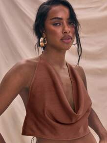 MUSERA 极致露背垂褶亚麻吊带上衣，夏季度假可爱性感波西米亚风，适合伊比沙岛音乐节、海滩度假、外出夜店等场合。 - 棕色 - 查看 3