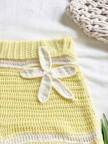 Soleia Quần short thường ngày dệt kim họa tiết hoa 3D dành cho nữ, màu be, mùa hè, ngày lễ - Màu Mù tạt vàng - Xem 3