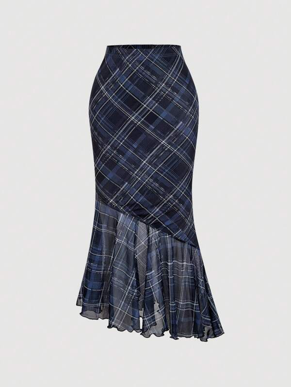 SHEIN MOD Vintage 70s Black And Blue Checkered Asymmetrical Hem Midi Skirt With One Shoulder - Perfect For Women's Vacation Outfits, Country Styles, Beach Getaways, Dates, Holidays, Western Wear, Preppy Looks, And Commuter Attire