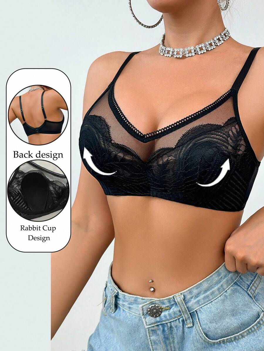 SHEIN 女士蕾丝拼接钢圈文胸 - 黑色 - 查看 1
