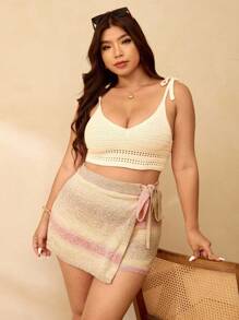 Elaquor Plus Size Colorblock Crisscross Wrap Knotted Elegant Sweater Skirt Autumn Winter Clothes For Women - Multicolor - View 2