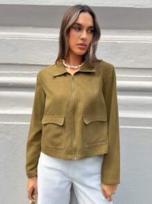 Siren Gaze 女士休闲翻领设计宽松修身拉链工装夹克，棕色老款长袖宽松夹克外套通勤休闲郊游老款返校教师冬季秋季 - 棕色 - 查看 6