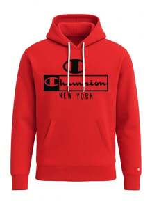 Champion Men's Letter Print Drawstring Hooded Casual Sweatshirt - Red - View 4