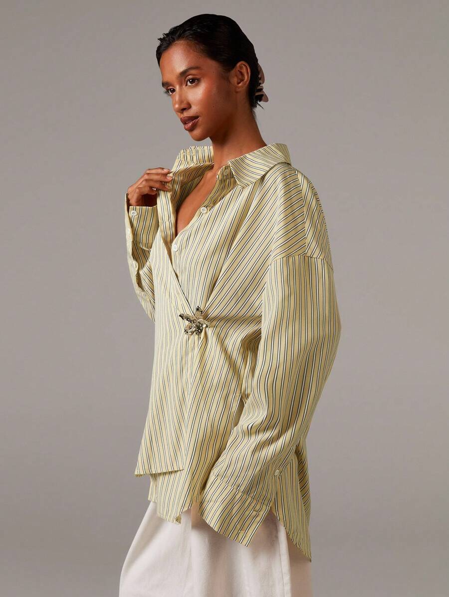 Athîral Striped Print Wrap Around Loose Casual Long Sleeve Shirt,Fall Women Clothes,Teacher Shirts - Yellow - View 1