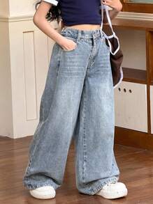 SHEIN 少女秋冬Y2K复古都市街头酷炫风做旧基础款韩版水洗蓝牛仔阔腿宽松牛仔裤，适合返校、返校节、秋冬、街头风、夜间外出、圣诞节等场合。 - 淺色水洗藍 - 查看 6