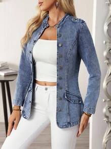 EMERY ROSE Women's Long Sleeve Single-Breasted Casual Versatile Denim Jacket Women Denim Jacket Blue Jean Jacket Acid Wash Denim Jacket Women Jean Blazer Denim Button Down Jacket - Blue - View 7