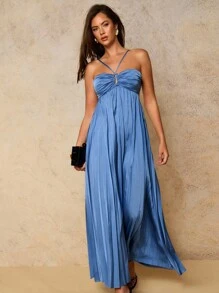 COSMINA فستان أنيق للنساء بظهر مكشوف بلون صلب وطوق الرقبة - الأزرق - مشاهدة 3