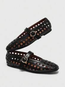 CUCCOO BIZCHIC 复古玛丽珍鞋，女士平底空心鞋，柔软舒适时尚，适合所有季节，秋冬 - 黑色 - 查看 6