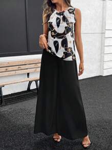 SHEIN Clasi 女圆领百褶无袖宽松黑白几何图案印花直筒裤阔腿裤优雅日常街头春夏女装两件套