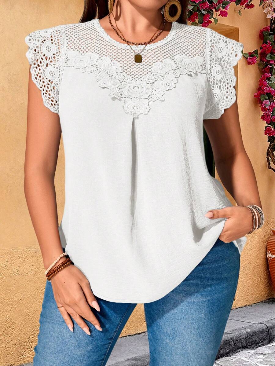 EMERY ROSE Plus Size Women Water-Soluble Lace Tunic Tops Dressy Blouses , Vacation Summer - White - View 1