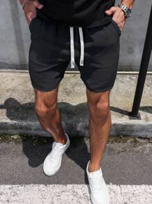 Manfinity Homme Men's Drawstring Waist Pockets Relaxed Casual Cool Ice Silk Linen-Like Shorts Men Shorts Summer Men Capri Short Drawstring Sumwon Black Shorts - Black - View 4
