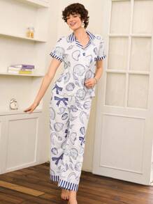 Chillnights Conjunto de pijama informal para mujer con cuello a rayas de contraste, lazo y motivo de conchas marinas