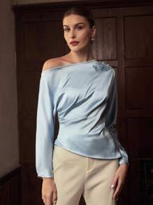 ZEYLAH 3D Flower Decor Oblique Shoulder Long Sleeve Elegant Waist Cinched Blouse, Early Autumn - Blue - View 5