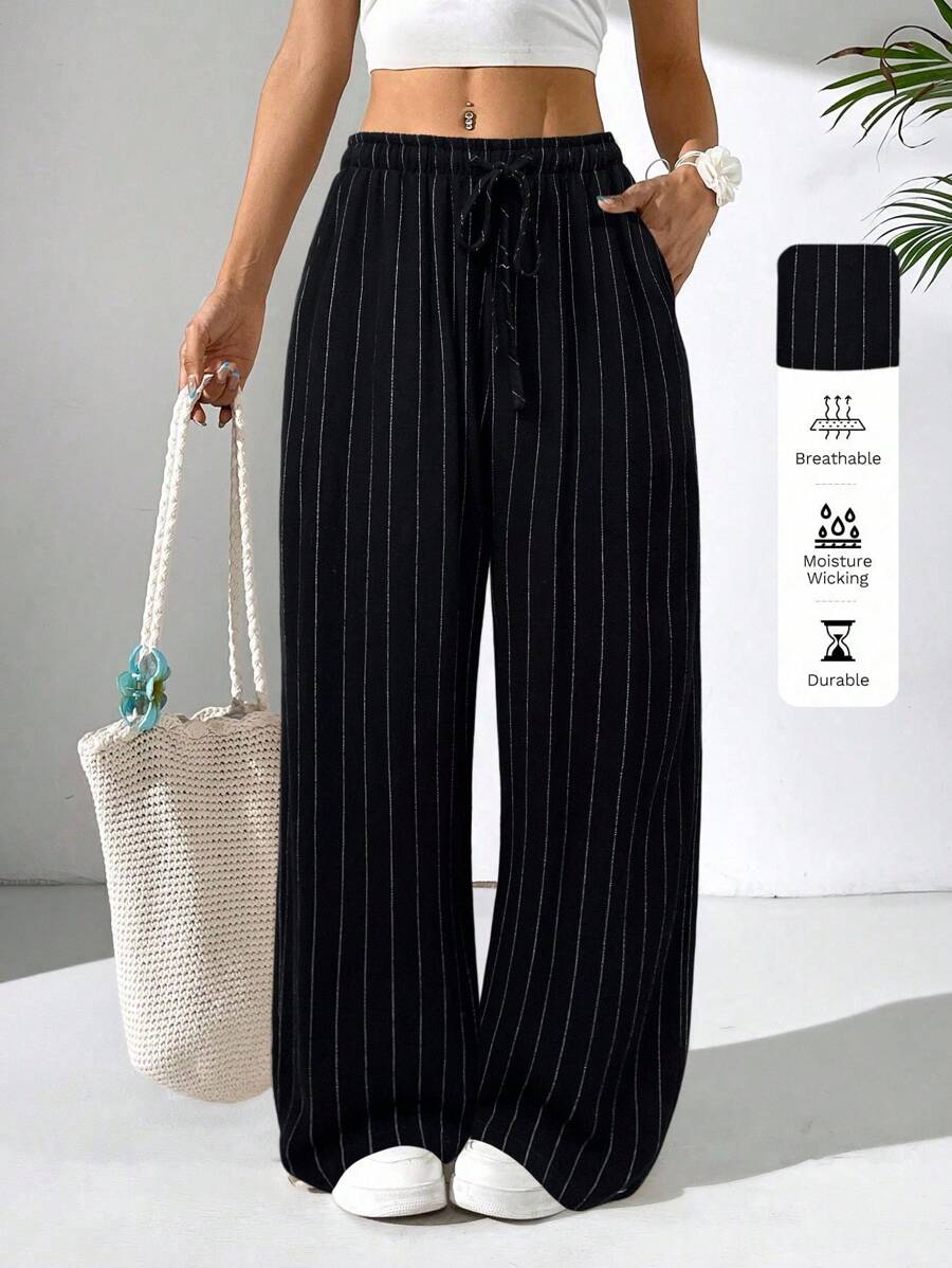 SHEIN EZwear Women's Casual Black Linen Striped Loose For Holiday Women Striped Wide Leg Pants - Black - View 1