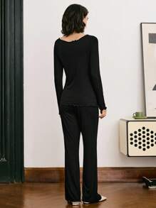 Lace Patchwork Mature Elegant Minimalist French Style Women Pajama Set, Fall Clothes - Black - View 2