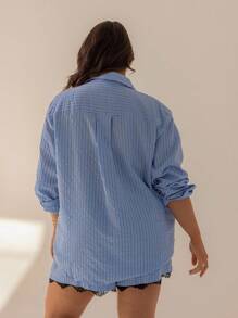 Aralina 女士加大码 Y2K 条纹短裤，蕾丝边，适合秋夏季机场和海滩度假 - 藍色 - 查看 2