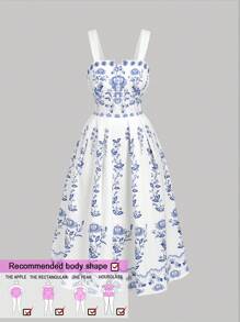 SHEIN MOD Vestido maxi de corte evasé con estampado vintage azul sobre fondo blanco, talla grande