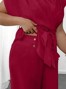 Elenzga 大码夏季优雅纯色衬衫和裤子两件套 - 酒紅色 - 查看 4