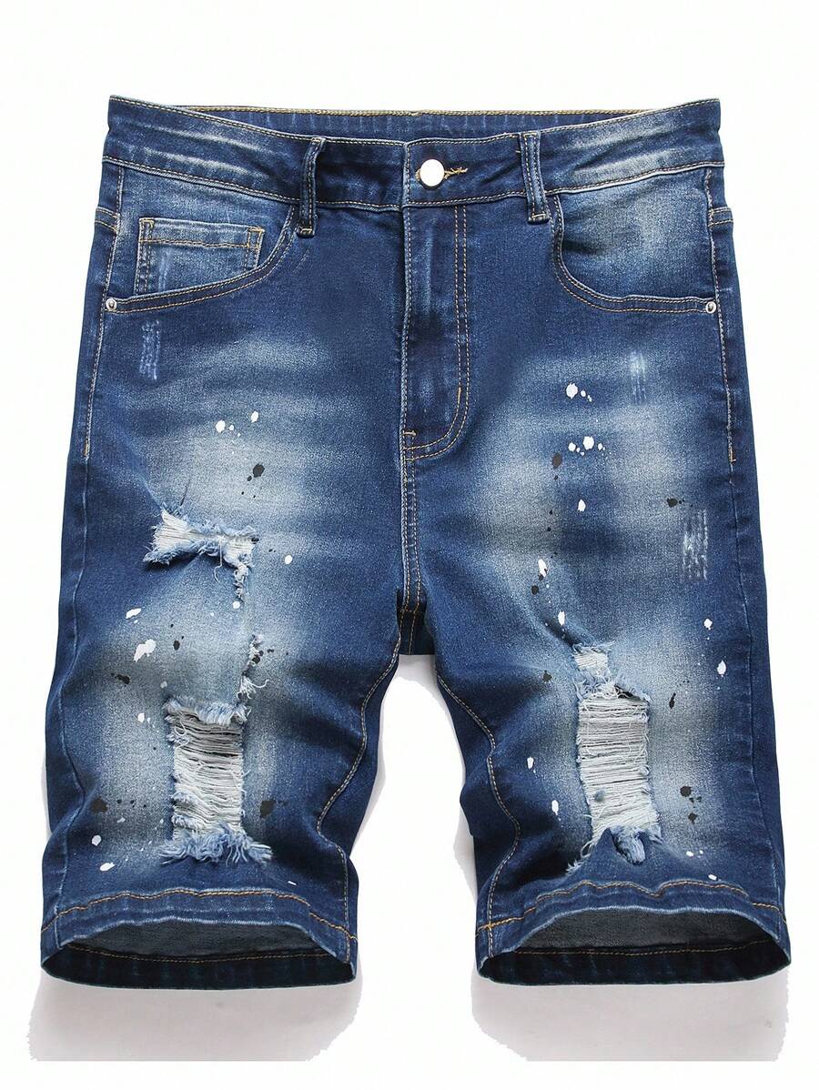 Manfinity LEGND 男士休闲破洞牛仔短裤，Emo 风格 - 深色水洗藍 - 查看 1