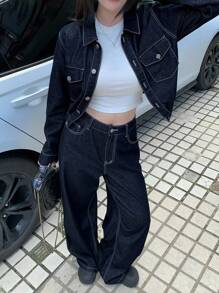 DAZY 韩版女式休闲衬衫和阔腿牛仔裤套装