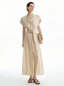 Aalyst 女士亚麻杏仁色金属扣腰短袖衬衫裙，简约长裙 - 杏色 - 查看 4