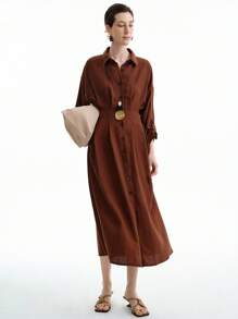 Aalyst Vintage French Long Sleeve Button-Up Pleated Back Elegant Slim Fit Shirt Dress For Women/African Dresses For Women/Linen Midi Dress/Bandage Dresses/Fall/Back To School/Winter,Thanksgiving/Modest Dresses For Women