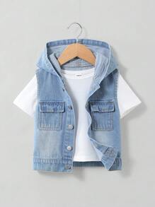 SHEIN Young Boy Blue Denim Sleeveless Hooded Vest