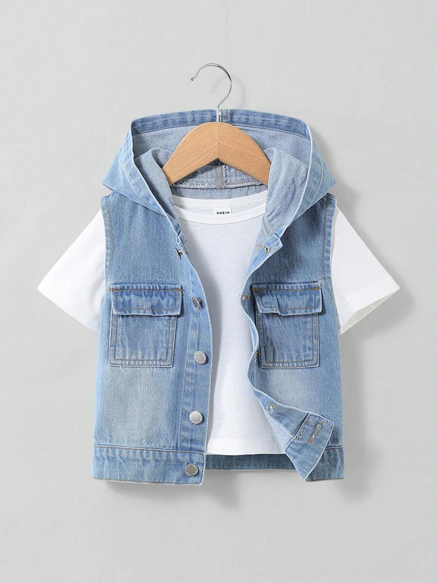 SHEIN Young Boy Blue Denim Sleeveless Hooded Vest