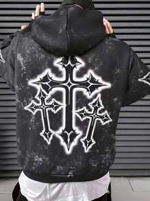 青少年/青少年男孩休闲日常百搭舒适街头风格图案印花宽松连帽套头衫，长袖 - 黑色 - 查看 7