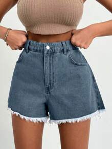 EURMUSE 100%纯棉女款浅蓝色石洗磨边牛仔短裤 - 藍色 - 查看 5