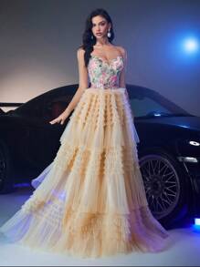 Glamrae Váy xẻ tà gợi cảm nhiều màu ren thêu sequins hoa xếp lớp xếp nếp viền lớn sang trọng thanh lịch, thích hợp cho đám cưới, tiệc tùng, vũ hội, kỳ nghỉ, tiệc tối (được trang trí nhiều) - Màu Khaki - Xem 6