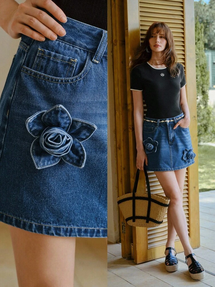 MOTF STUDIO WOMEN 3D FLORAL WASHED STRAIGHT DENIM SKIRT