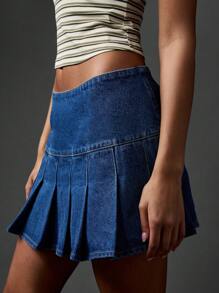 MISSGUIDED High Waisted Denim Mini Skirt Y2K Style Tennis Pleated Flare A Line Summer Spring Casual Skater School Girl Skirt - Blue - View 3