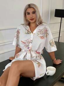 DAZY 花卉印花束腰女式连体睡衣睡衣 - 白色 - 查看 3