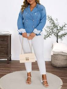 EMERY ROSE Plus Size Casual Vacation Washed Contrast Lace Denim Jacket - Light Wash - View 2