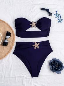 Swim Basics 2件組性感女款純色泳衣，修身顯瘦，適合夏季海灘度假溫泉水療與度假村 - 藏蓝色 - 查看 1