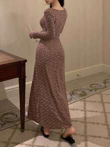 DAZY Long Floral V-Neck Ruched Nightgown Pajama, Winter - Camel - View 2