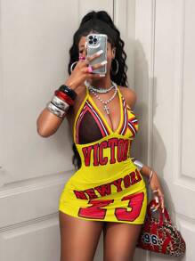 BamGleam 女式深V领字母印花紧身挂脖中长连衣裙