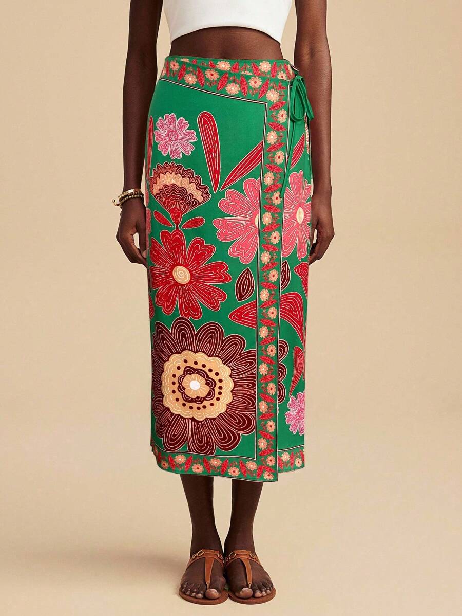 Travachic 女士休闲花卉印花系带裹膝裙，度假风格