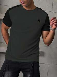 Manfinity Homme Men's Summer Contrast Color Horse Print Round Neck Casual T-Shirt