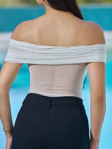 Andrea Bello White Jacquard Off-Shoulder Top, Solid Color Fashion Summer Blouse Off The Shoulder Top - White - View 2